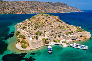 Aerial drone view of the ruins of the ancient Venetian fortress on the island of Spinalonga on the...