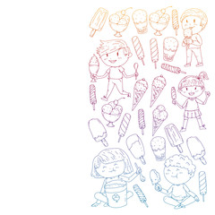 Little children eating ice cream. Summer vacation. Sweet fruit desert.