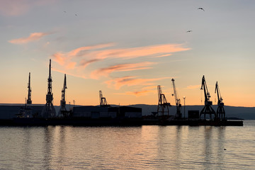Obraz premium harbor cranes at port at sunset