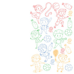 Children and sport. Vector illustration of activities. Football, soccer, running, dancing, martial arts. Health care in school and kindergarten.