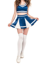 cropped view of sexy cheerleader girl in blue uniform holding skirt isolated on white