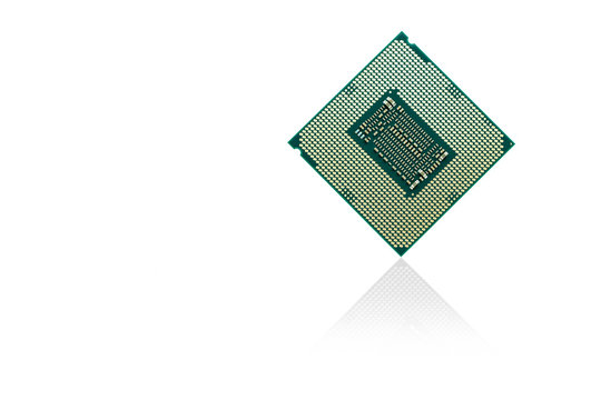 Central Processing Unit (CPU) the bottom side, socket contact for personal computer on isolated white background.