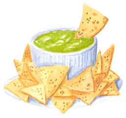 Set of different vegetables, hand drawn watercolor illustration. Guacamole and nachos. Can be used for menu and recipe design.