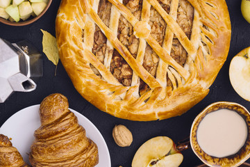 Close-up apples near beverage and pastry