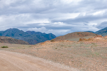 Chui steppe at summer and view of Kurai ridge in Altai mountains, Altai Republic, Siberia, Russia.