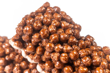 Close up of Chocolate Breakfast Cereal Bar Isolated on white background. Shallow depth of field