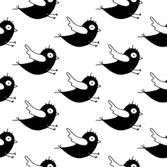 Cute cartoon bird pattern with hand drawn birds. Funny vector black and white bird pattern. Seamless monochrome doodle bird pattern for textile, wallpapers, wrapping paper, cards and web.