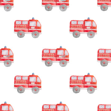 Watercolor Hand drawn fire trucks seamless pattern on white background. Cartoon illustration, baby cute truck style illustration. Textile, book, red colorful clip art.