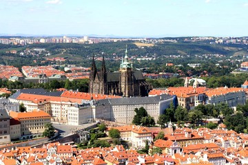 Naklejka na ściany i meble prague, praha, river, city, architecture, tower, czech, town, church, old, building, cityscape, cathedral, house, view, landmark, skyline, red, panoramic, 