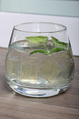 Refreshing drink with gas bubbles. Nalit in a transparent glass. It laid crushed ice. Decorated with mint leaves.