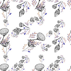 Lotus flower hand drawn in beautiful style. Floral seamless pattern. Simple vector illustration.