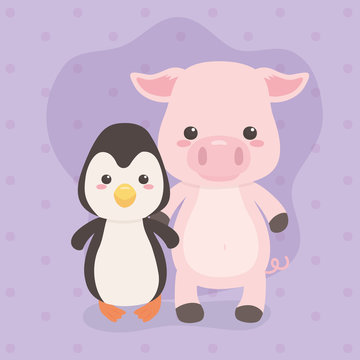 cute and little penguin and pig characters