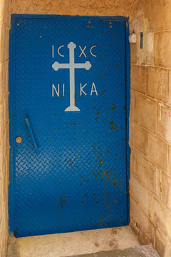 Ancient blue metal door