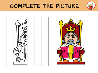 Complete the picture of a medieval king. Copy the picture. Coloring book. Educational game for children. Cartoon vector illustration