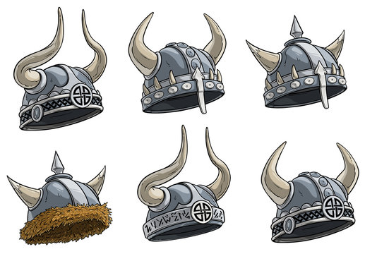 Cartoon metal viking warrior helmet with horns, fur and runes. Isolated on white background. Vector icon set. Vol. 3