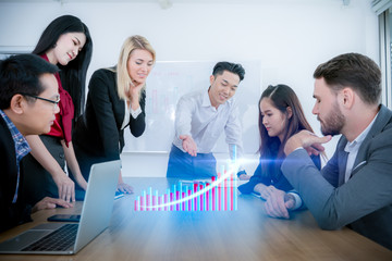 Group of business partners meeting present with modern buildings hologram. Real estate business and...