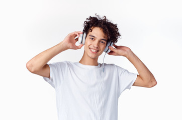 young man with headache isolated on white