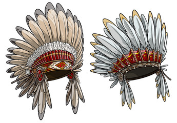 Cartoon detailed colorful native american indian chief headdress with feathers. Isolated on white background. Boho style. Vector icon set.