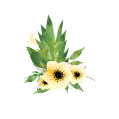 Floral set.Colorful purple floral collection with leaves and flowers,drawing watercolor.Set of floral elements for your compositions.