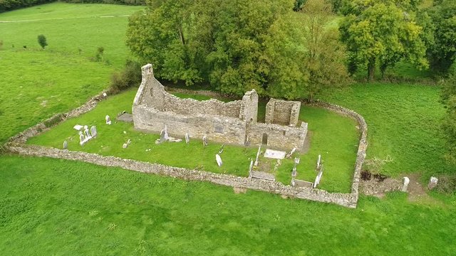 Ruins of an old Irish church from drone