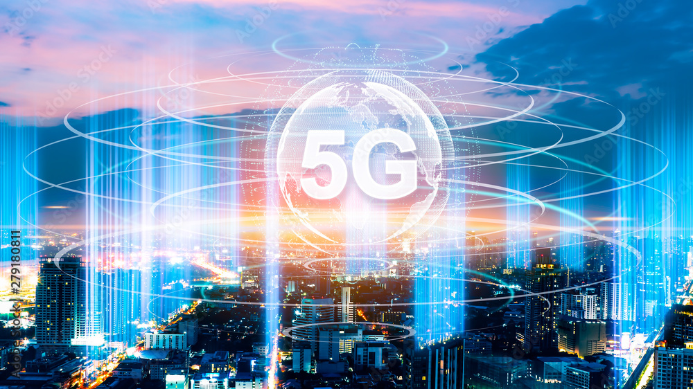 Aufkleber 5g network digital hologram and internet of things on city background.5g network wireless systems.io