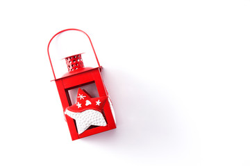 Red Christmas lantern isolated on white background. Top view. Copyspace