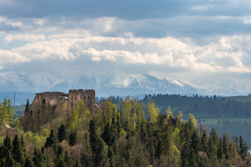 Ruins of the castle in Czorsztyn with the Tatras in the background, Poland