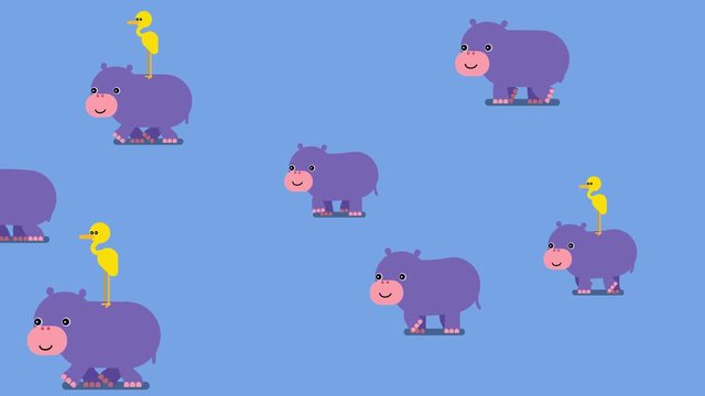 100 baby animals.Pattern with violet baby hippos and yellow heron on a light blue background walking in the same direction. Hippopotamus. Walk cycle 2D animation, loopable clip. Alpha channel