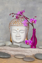 Buddha Head And Pink Orchid Zen