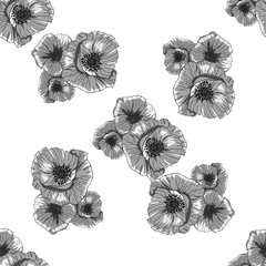 Pattern with monochrome poppies flower pattern for print design. Vintage monochrome seamless texture. Beauty style. Trendy decor. Vector art.