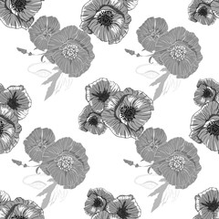 Pattern with monochrome poppies flower pattern for print design. Vintage monochrome seamless texture. Beauty style. Trendy decor. Vector art.
