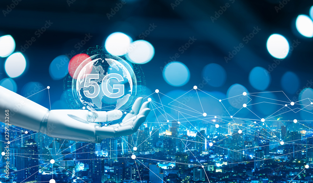 Aufkleber robot android hand holding icon 5g.5g network digital hologram and internet of things on city backgr