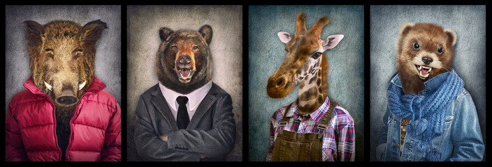 Tiere in der Kleidung. Menschen mit Tierköpfen. Konzeptgrafik, Fotomanipulation für Cover, Werbung, Drucke auf Kleidung und andere. Wildschwein, Bär, Giraffe, Wiesel.