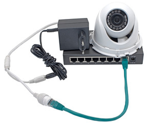 Spherical IP security camera, AC adapter and router