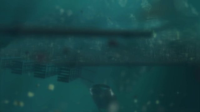 Plastic pollution in ocean environmental problem. Plastic bags, cups, straws and bottles discarded in sea 3d Animation Full HD 1920x1080