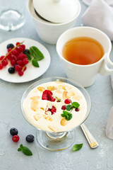 Zabaglione with champagne and berries. French dessert.
