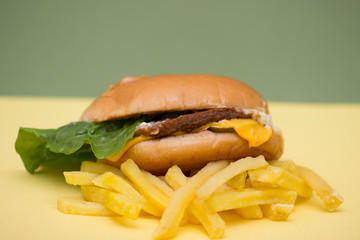 Burger with cheese and fried potatoes close up