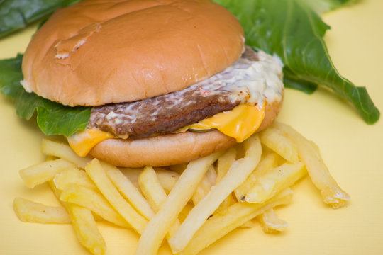 Burger with cheese and fried potatoes close up