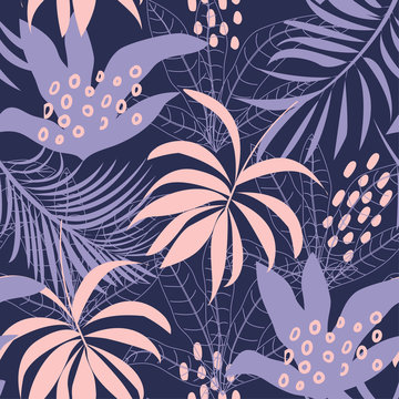 Trending abstract seamless pattern with colorful tropical leaves and plants on a dark background. Vector design. Jungle print. Flowers background. Printing and textiles. Exotic tropics. Fresh design.