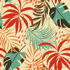 Abstract seamless pattern with colorful tropical leaves and plants on beige background. Vector design. Jungle print. Flowers background. Printing and textiles. Exotic tropics. Fresh design.