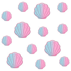 Fototapeta na wymiar Seashell, bivalved mollusks, seamless pattern. Exotic scallop, marine mollusk wild life-nature. Simple sea shell. Packing house for small dolls. Vector illustration