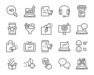 set of marketing icons, such as strategy, planning, service, campaign, customer target, social media ads