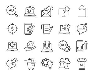 set of marketing icons, such as strategy, planning, service, campaign, customer target, social media ads