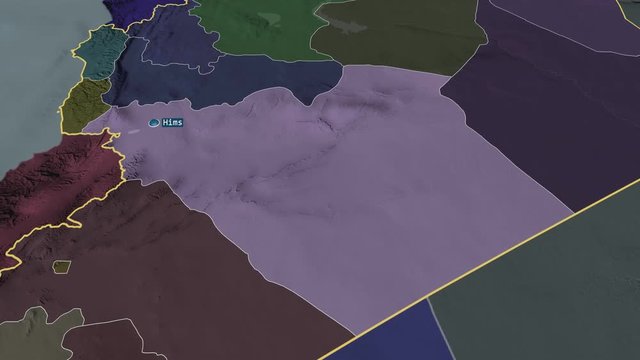 Hims - province of Syria with its capital zoomed on the administrative map of the globe. Animation 3D
