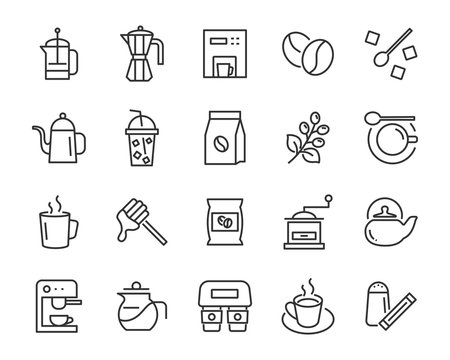 set of coffee line icons, such as tea, chocolate, coffee cup