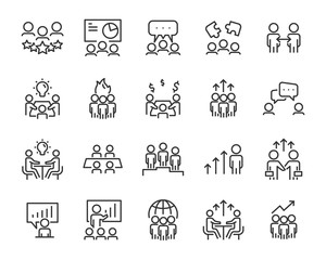 set of people line icons, such as team, meeting, video conference, group, management, leader