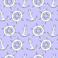 Summer doodles anchors and handwheels, seamless pattern blue