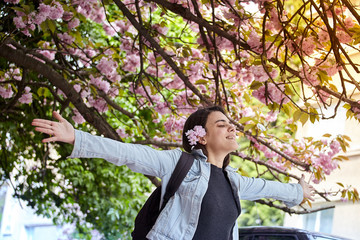 Young girl with arms wide open enjoying sunshine standing on the background of blooming sakura