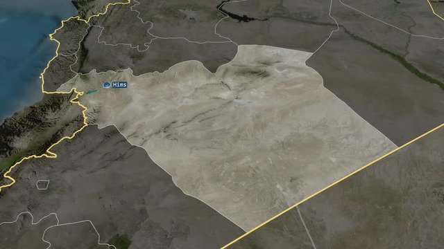 Hims - province of Syria with its capital zoomed on the satellite map of the globe. Animation 3D