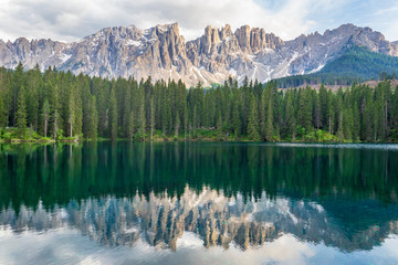 Lago di Carezza, beautiful lake in the Dolomites.